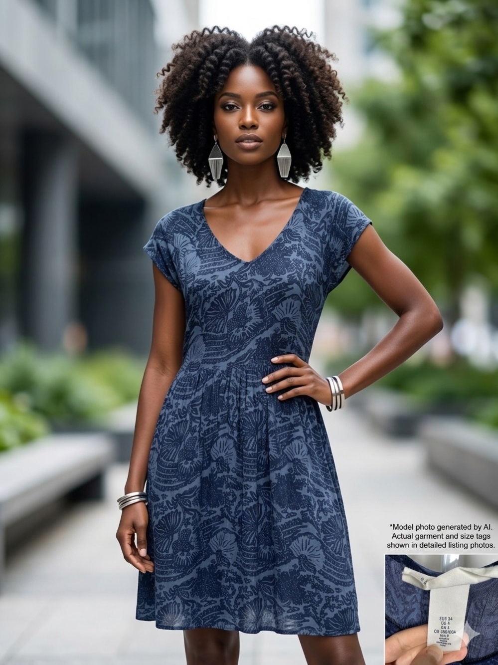 H&M Navy Floral V-Neck Fit-and-Flare Dress
